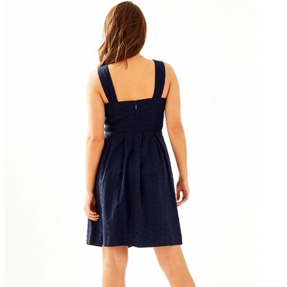 New Lilly Pulitzer 0 Cyndi Fishy Eyelet Lace Fit & Flare Dress Navy Blue Cotton - Picture 10 of 14